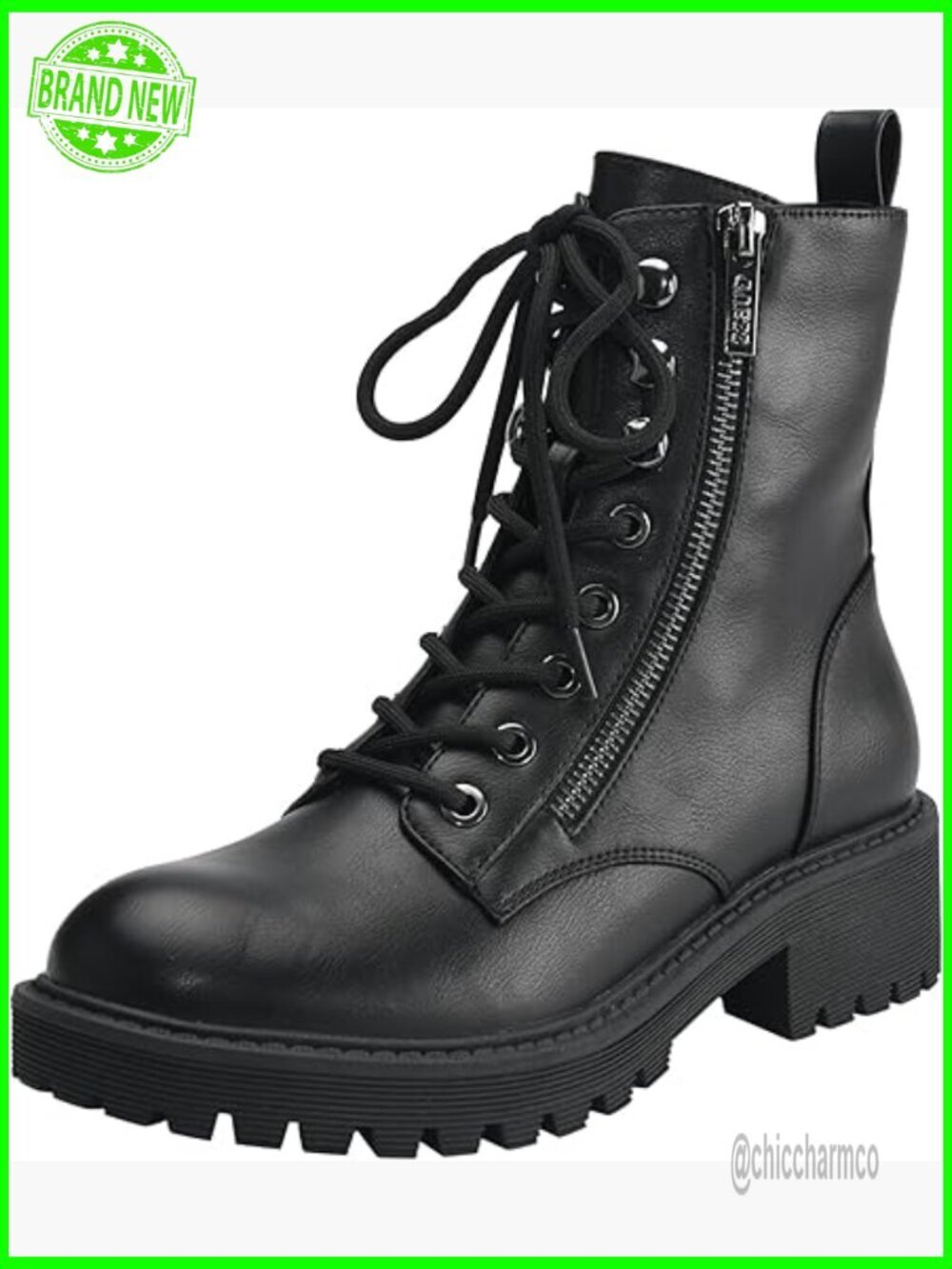 Faux Leather Combat Boots with Lace-Up and Zip Closure
